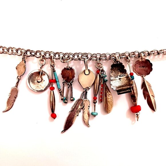 Handmade Artisan Native American Sterling Turquoise Coral Charm Necklace - Picture 7 of 8